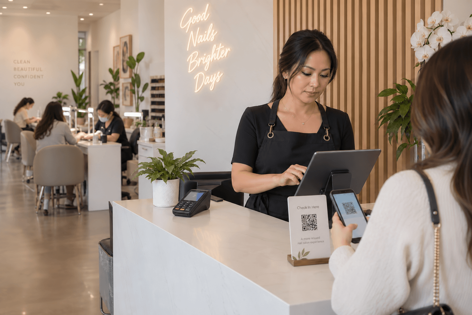 A salon owner managing the Waitwell line while a guest scans the salon QR code